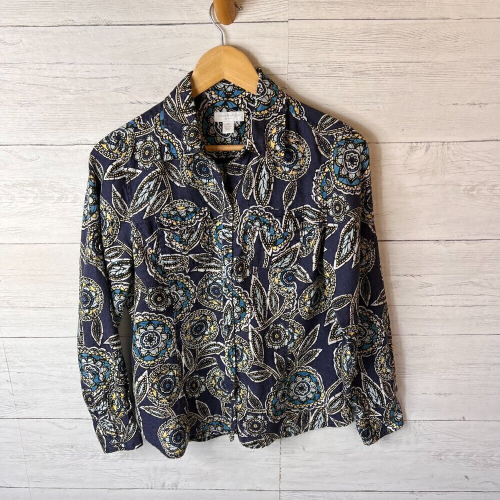 Charter Club Shirts Womens Size 10P Colorful Floral Button Stained Glass Linen - Picture 3 of 16
